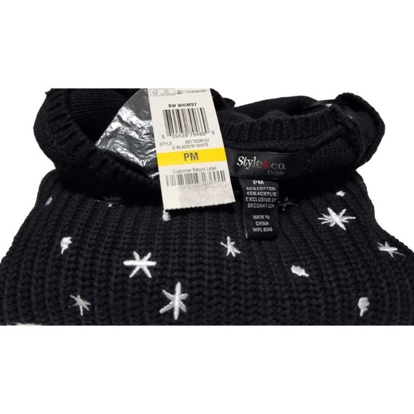 Style & Co Black White Embroidery Star Petite Whimsy Pullover Sweater (M) NWT - Picture 3 of 8